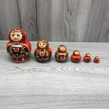 RUSSIAN NESTING DOLLS Hand Painted 5" MATRYOSHKA Flowers Red Gold 6 Piece