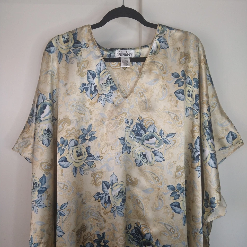 Mujer Vintage Satén Mumu Kaftan por Winlar Talla Única Estampado Floral Dorado Azul Foto 2 de 4