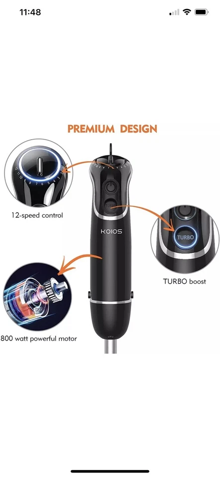 Batidora de mano de inmersión KOIOS 800 vatios/12 velocidades (reforzada con titanio), turbo para Foto 2 de 4
