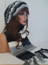 BLACK WHITE MULTI COLOR HAT AND SCARF SET BERET CLOCHE BAGGY SLOUCHY TAM CROCHET