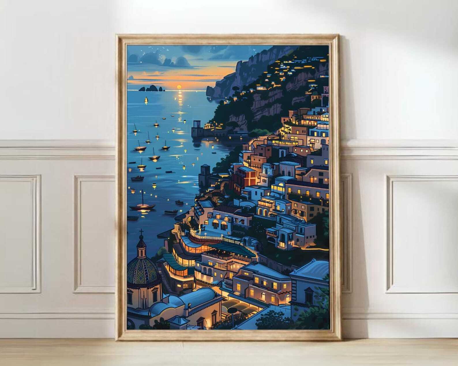 Positano At Night Print Amalfi Print Positano Illustration Positano Travel