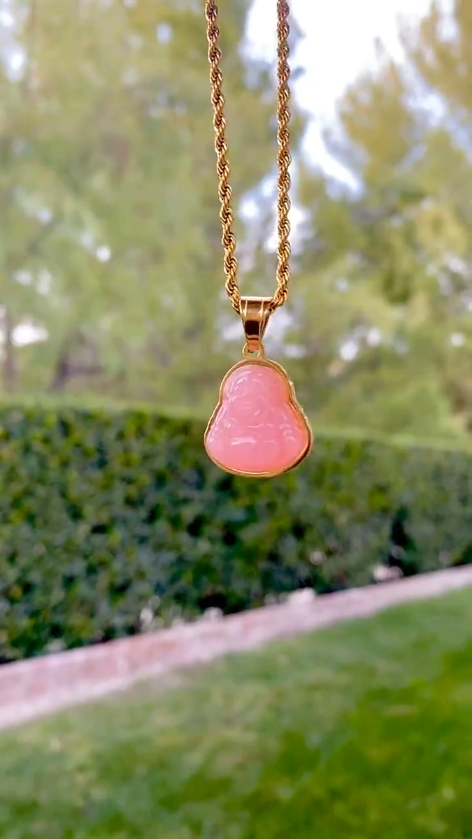 Pink Buddha Good Fortune Jade Smiling Laughing Rope Chain Necklace