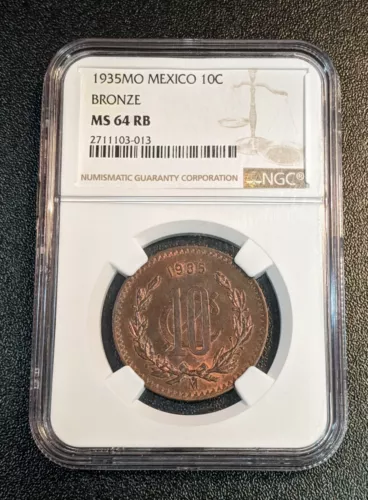 1935 MS64 RB  Mexico Bronze 10 Centavo NGC UNC KM 430 