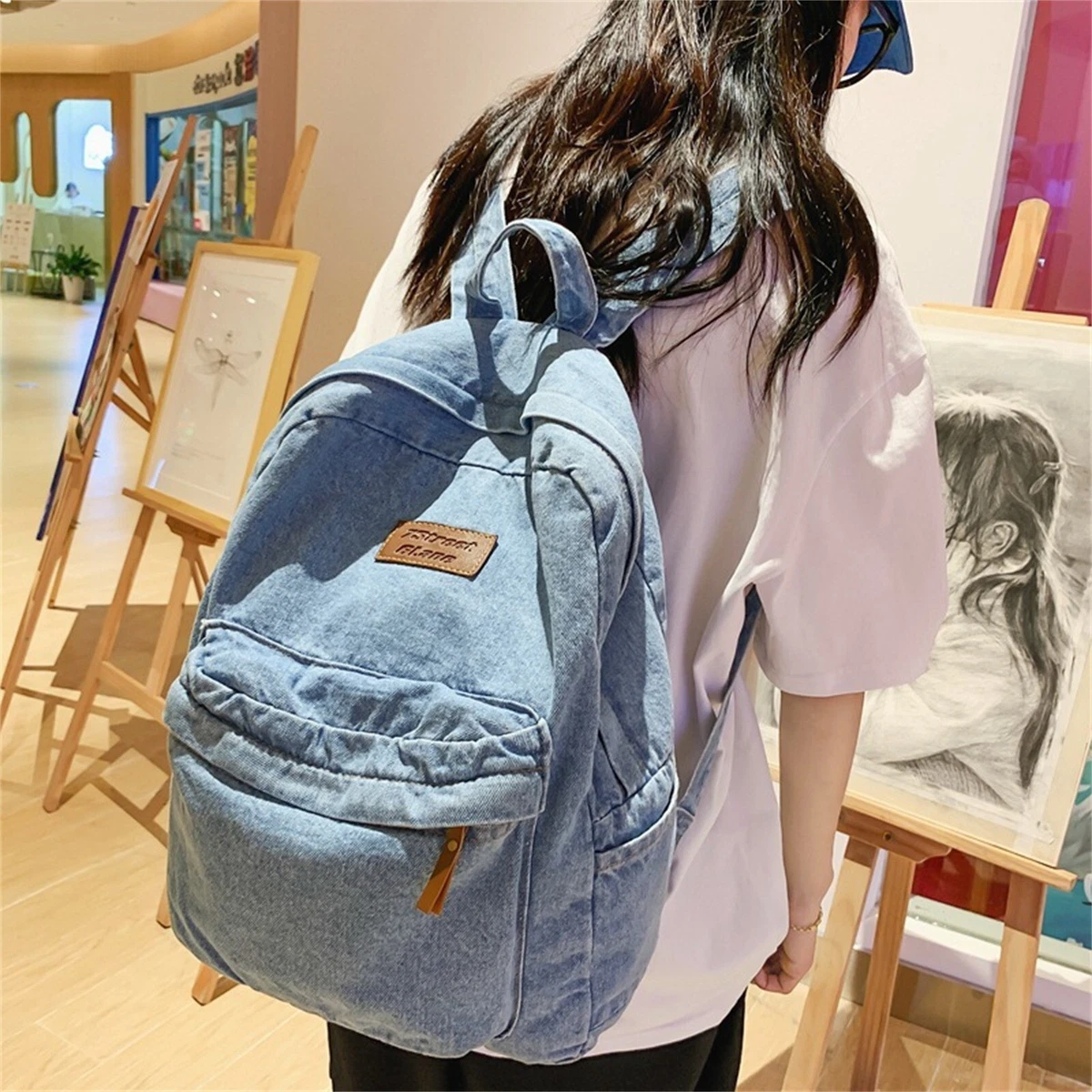 Denim Backpack For Girls Women Classic Retro Backpack School Bag