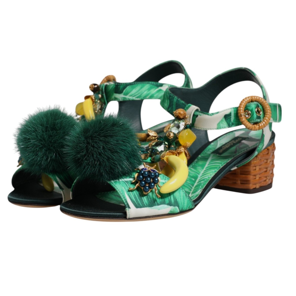 DOLCE & GABBANA Shoes Green Crystal Fur Embellished Sandals