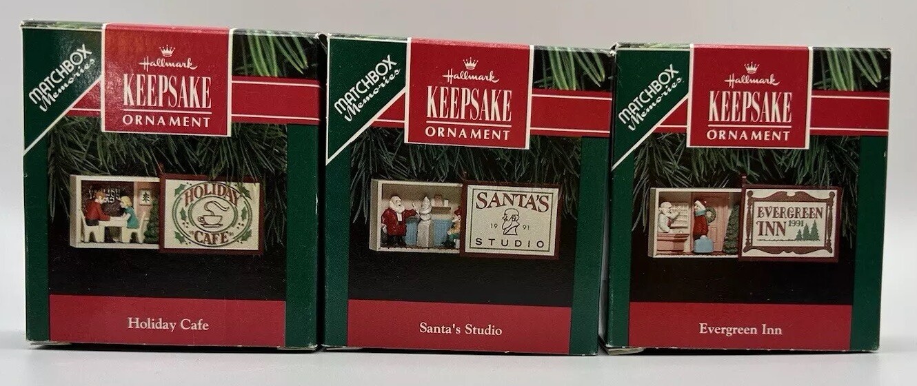 Hallmark Keepsake Matchbox Set of 3 Holiday Cafe Santa Studio Evergreen Inn 1991
