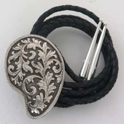 Large Quality Curved Teardrop Sterling Silver Etched Southwestern Bolo Tie