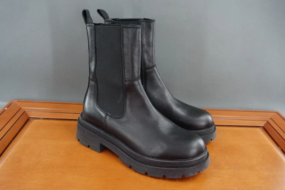 Andre Assous Mujer Talla 38/8 Zapatos Cuero Negro Pull On Gruesas Botas Chelsea Foto 3 de 4