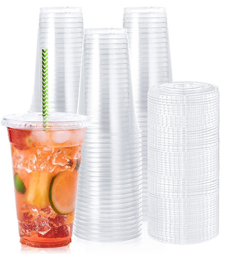 60 Sets 24 oz Clear Plastic Cups With Flat Lids, 24 Ounce Disposable Drinking...