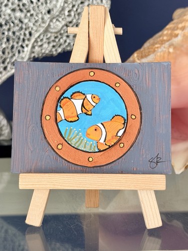 ACEO by Stacey Kohl Clownfish Porthole Acrylic and Pen Free Shipping + Bonus