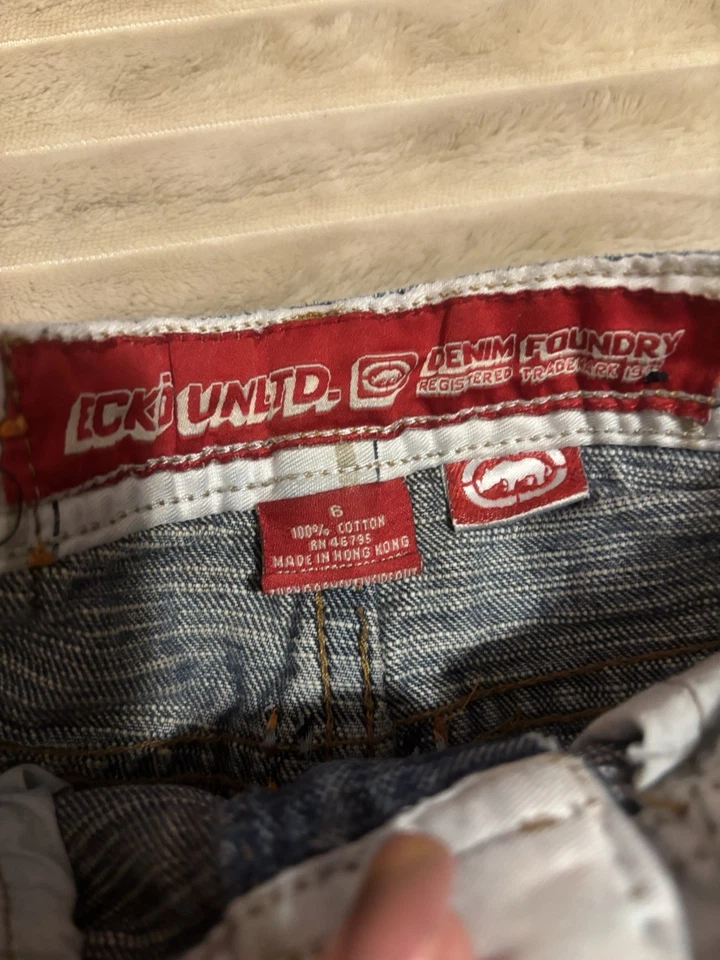 Pantalones cortos de mezclilla bordados vintage Y2K Ecko Unlimited para niños - azul y naranja talla 6 Foto 3 de 3