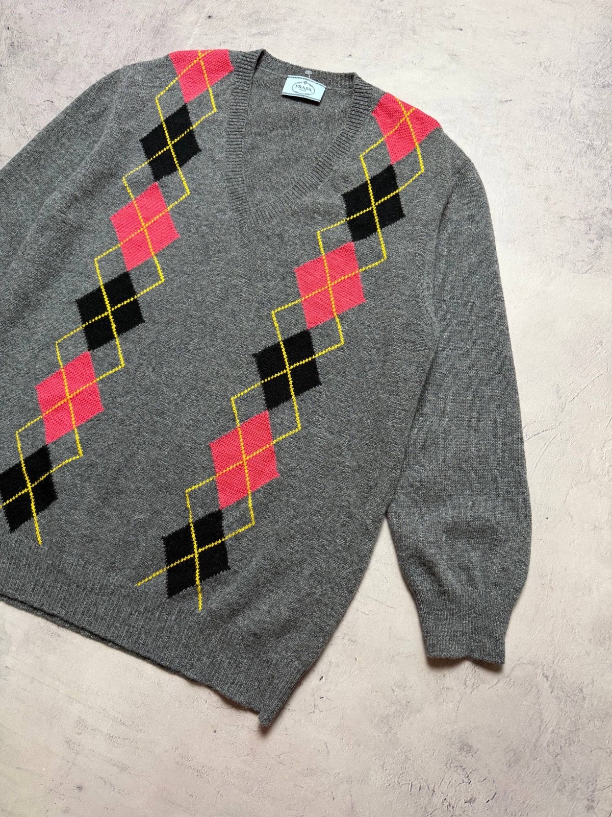 Rare Vintage Prada Milano Argyle V-Neck Wool Sweater, Grey Pattern, Women’s IT 4 image 4