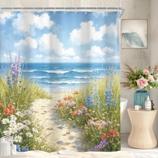 Extra Long Beach Shower Curtain Set Ocean Coastal Blue Sky Bathroom Decor