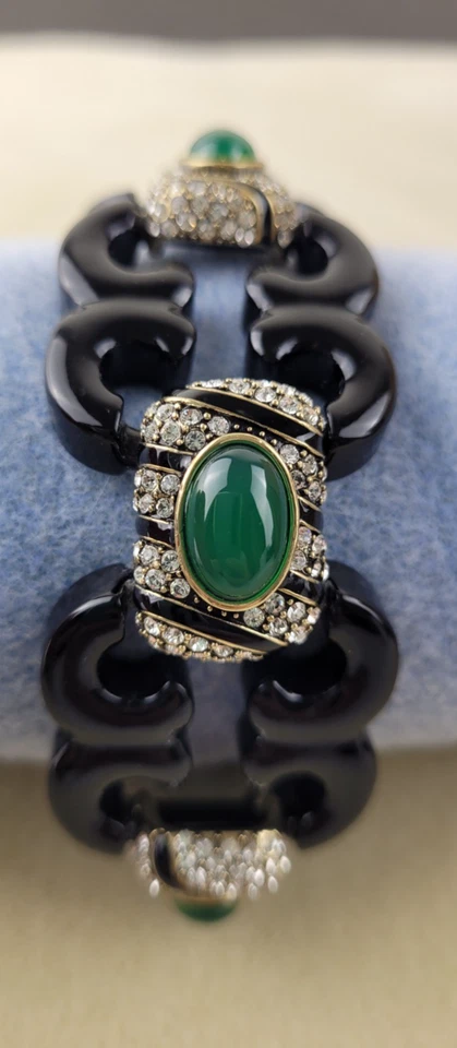 Heidi Daus "Elegância Distinta" Pulseira Cabochão Preto Verde Strass 8" - Imagem 3 de 4