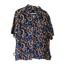 Vintage Route 66 Men's 2X Navy Orange Hawaiian Short Sleeve Button-Up Shirt