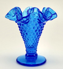 Vintage Fenton Vase Ruffled Edge Crimped Trumpet Mini Hobnail Bright Blue 4"