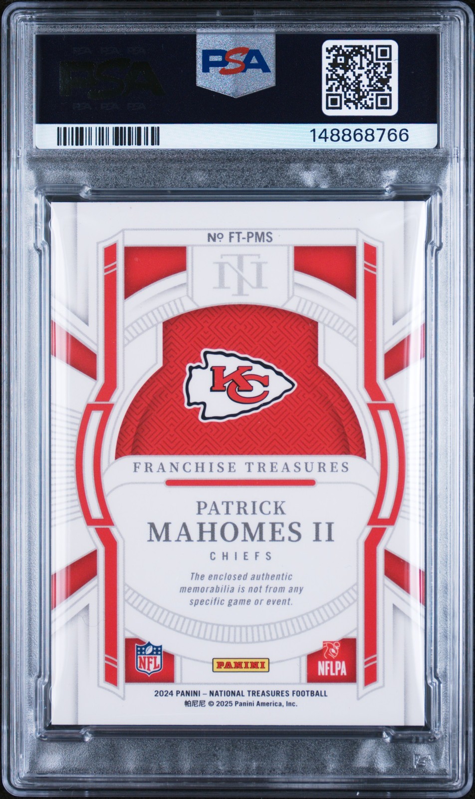 NATIONAL TREASURES FRANCHISE TREASURES RELICS PATRICK MAHOMES II 2/10 PSA 10 view 2