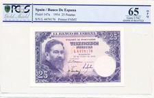 Banco de Espana Spain 25 Pesetas 1954  PCGS  65OPQ