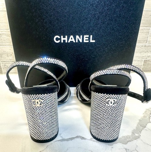 CHANEL sandals black silver rhinestone ankle strap suede open toe EU 36.5 NEW - Picture 4 of 8