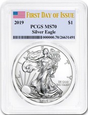2019 SILVER EAGLE PCGS MS70 | FIRST DAY OF ISSUE | FDOI FLAG