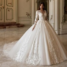 Elegant Wedding Dress Long Sleeves Deep V Neck Lace Applique Sweep Bridal Gown