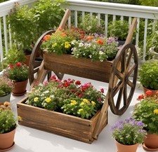 Outdoor Rolling Wooden Wagon Planter Box w/ Handle 2 Tier Garden Bed D cor Stand