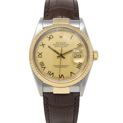 Rolex Datejust 36 16013 Gold & Steel Champagne Roman, Brown Leather Strap - P...