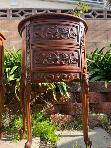 Pair Of 1940 Walnut French Provincial Carved Marble Table - Picture 3 of 16