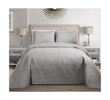 MK Home Mk Collection Solid Embossed Bedspread Bed Cover Over Size Silver, K...