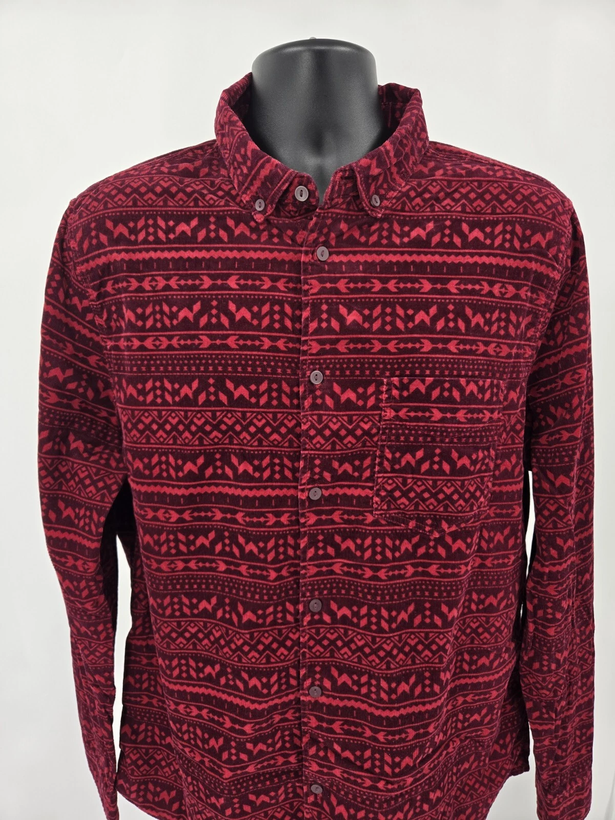 Divided Corduroy Shirt XL Red Geometric Outdoor Pin Cord Long Sleeve Pocket Mens