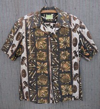 Vtg 1950s 1960s Ui-Maikai Tiki Mask Drums Pineapple 100 Cotton Hawaiian Shirt L