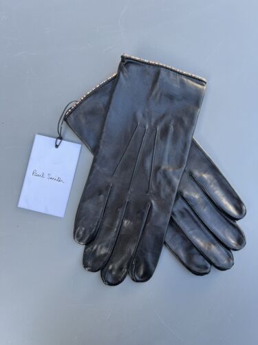 Paul Smith Men’s Leather Gloves With Signature Stripe Piping Black Sz M - 第 1/7 張圖片