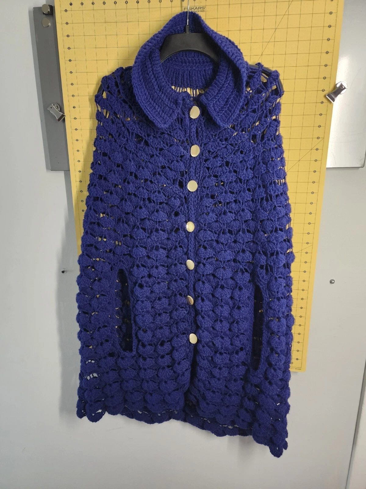 Hand Crochet Knit Sweater Poncho Cape Shawl Navy Blue OS Cottage Core 1970S Vtg