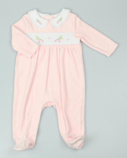 Baby girls Spanish smocked floral romper Sleepsuit Outfit pink velour all in one