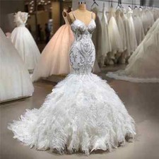 Sexy Mermaid Wedding Dresses Spaghetti Strap Feather Lace Applique Bridal Gowns