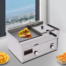 Commercial Gas Propane Double Burner Station with Flat Top Griddle & Deep Fryer