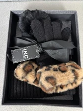 I.N.C. Leopard Beanie Hat & Gloves Faux Fur Trim Gift Box Set One Size NWT's