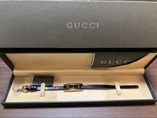 GUCCI Black Leather Watch 3900L Rectangle Gold case Women W/Box New Vintage