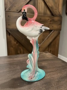 Vintage Art Deco MCM Pink Flamingo Ceramic Figurine 9.25" Tall, Beautiful!