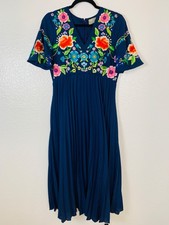 ASOS Midi Dress Womens US Size 6 Blue Floral Embroidered Pleated Boho Cottage