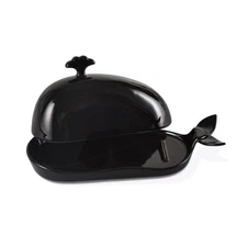 Black Butter Dish with Lid and Handle, Cute Whale Design, Ceramic Butter Dish...