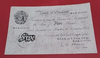 1955 Obrien white £5 note thin paper type avf