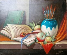 Tableau Peinture Huile Nature Morte Peintre Fumeur Pipe Musique