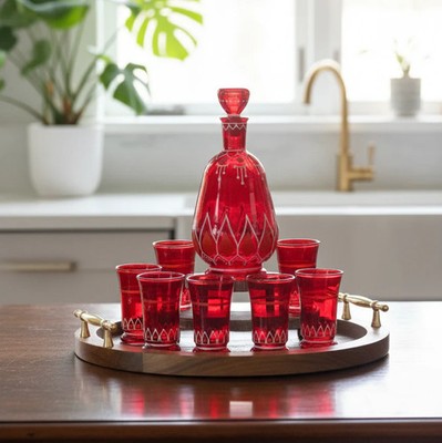 Egyptian Hand Blown Glass Decanter Set: Floral Needle Art Barware (7PCS)