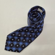 Roberto Villini Couture Men's Black Blue Geometric Silk Tie 62.5" Length Office