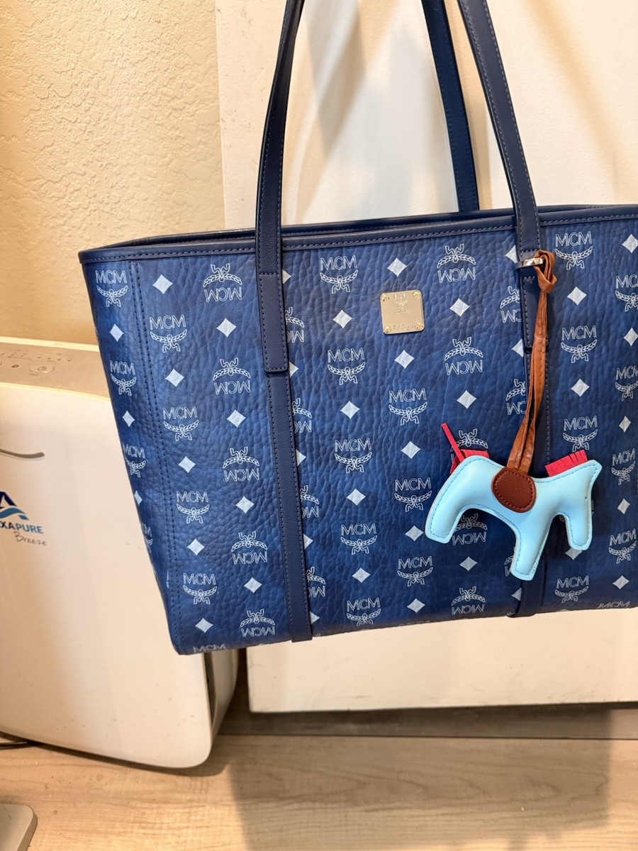 MCM Large Top Zip Shopper Tote Munich Cerulean Blue Leather | eBay