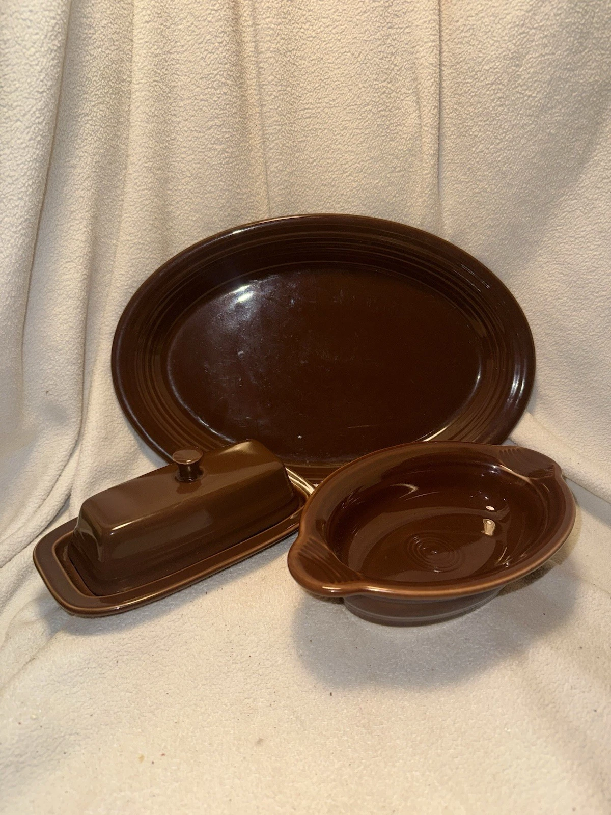 Fiestaware Dark Brown Dishes, Oval Platter, Vegetable Dish And Butter Dish