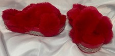 Azalea Wang Red Furry Rhinestone Crisscross Slides Slippers Brand New Size 9
