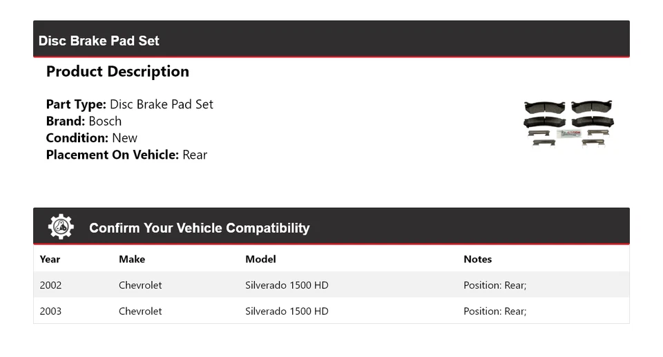 Комплект задних дисковых тормозных колодок для Chevrolet Silverado 1500 HD Bosch 2002-2003 годов выпуска - Изображение 2 из 4