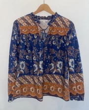 Anthropologie Love the Label Blue Orange Floral Boho Long Sleeve Top Size XL